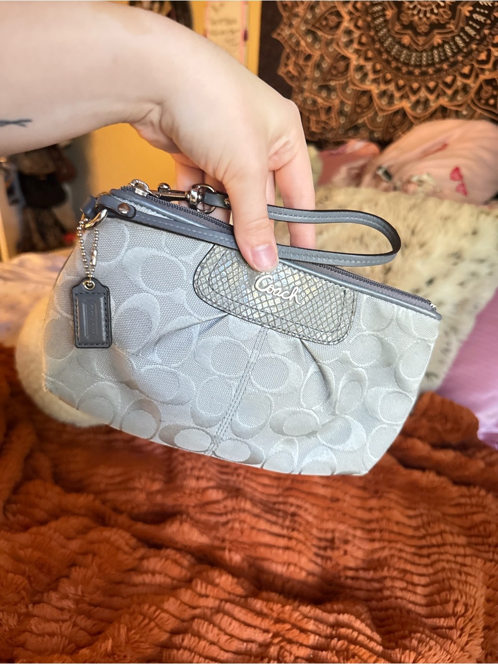 Coach Light Gray Signature Wristlet with Leather Trim